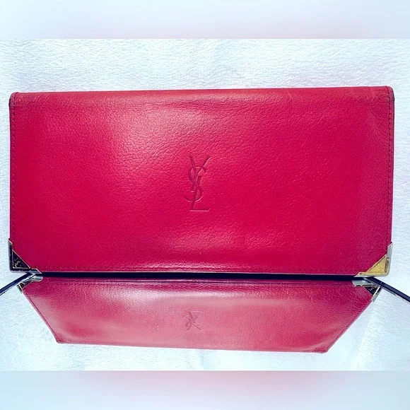YSL Red Leather Wallet Monogram,Rare 80s Classic Yves Saint Laurent Vintage - Picture 14 of 14